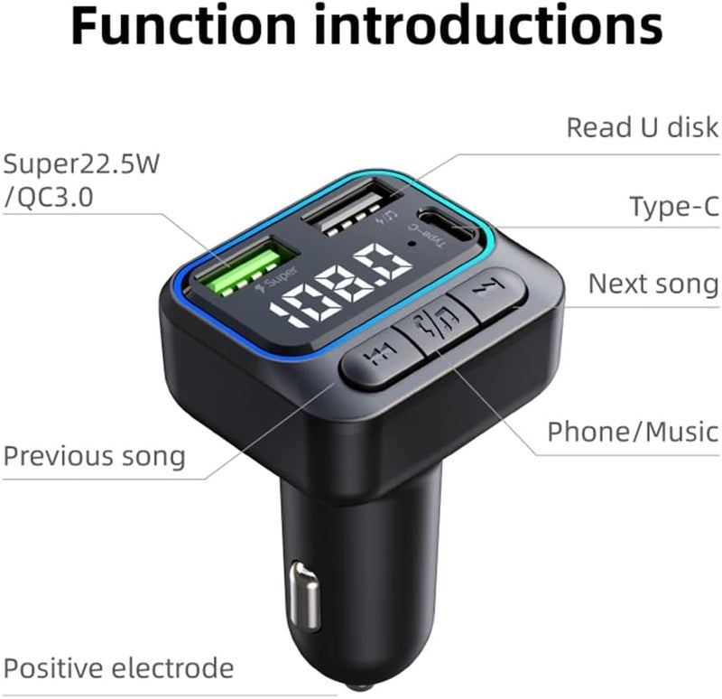 OHITEC Bluetooth 5.0 FM Transmitter for Car, Hands Free Calling, LED Screens Display, QC3.0 & PD 22.5W Quick Charger & Lossless Audio Quality Car Radio Bluetooth Adapter, Support USB Disk (C40) - Image 5